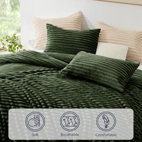 EXQ Home Fluffy Comforter Set Twin Size - Super Soft Faux Fur Stripe Jacquard Comforter 3 Pieces, Olive Green Fleece Bedding Set,Winter Warm Bed Set,1 Comforter with 1 Pillowcase EXQ Home