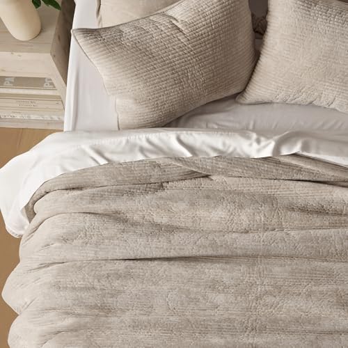 EVERGRACE Velvet Quilt Set Queen Size, Luxurious Soft Quilted Bedding Sets, Lightweight Velvet Comforter for All Season, Striped Channel Bedspread Coverlet with 2 Shams, Urban Taupe EVERGRACE
