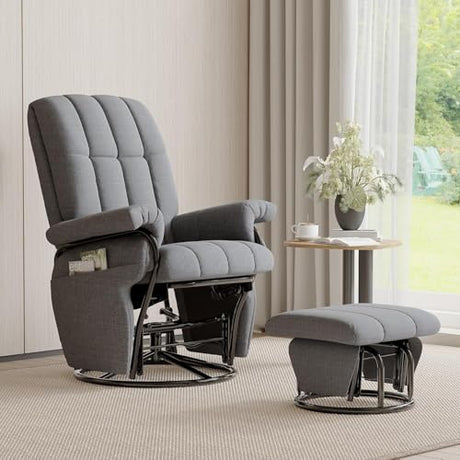 JIASTING 360° Swivel Recliner Chair with Ottoman & Double Side Pockets, Nursing Glider Rocking Recliner Chair, Gliding Chairs for Nursery, Living Room, Bedroom, Office (Gray) JIASTING