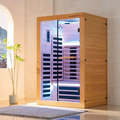 WOODBRIDGE Infrared Home Sauna Room 2 Person Hemlock Wooden Indoor Sauna,7 Carbon 1980W/120V Heaters,with Led Color Therapy Light,Bluetooth Speaker,Tempered Glass,Touch-Tone Keypad and A Top Vent