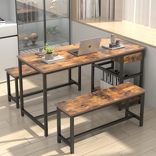 Dining Table Set for 4-6 People, 54.7" Kitchen Dinner Table with 2 Bench, Dining Room Tables Set with Storage Drawer & Shelf, 3-Piece Breakfast Nook Tables with Wine Rack &Glass Holder (Rustic) Gyfimoie