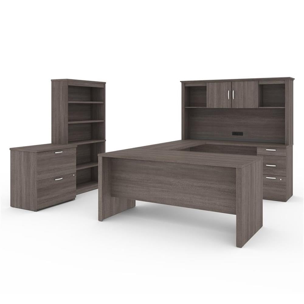 Pemberly Row Modern U-Shaped Engineered Wood Desk with Hutch File and Bookcase, Fully Reversible Unit, Assembly Required, for Home Office, in Bark Gray Finish Pemberly Row