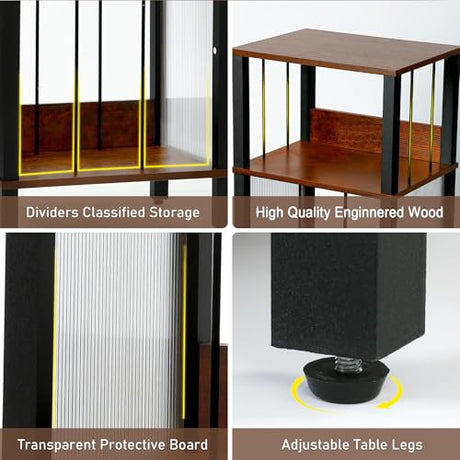 DGSANDGO Mid-Century Now Playing Vinyl Record Stand, Record Player Stand, End Table with Charging Station, 3 Tier Rustic Brown w/Guard Rails, Holds 100 Vinyl Albums, for Living Room Bedroom Office DGSANDGO