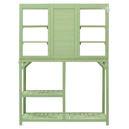 PZFYYRFP 64.6"" Large Outdoor Potting Bench Table, Wooden Garden Workstation with 6-Tier Storage Shelves, Large Metal Tabletop, and Side Hook for Mudroom, Backyard, Patio, Green (Green), White