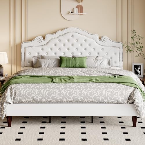 Allewie King Bed Frame with Adjustable Velvet Tiara Headboard, Upholstered Diamond Button Tufted Platform Bed, Wood Slats Support, No Box Spring Needed, Mattress Foundation, Easy Assembly, White Allewie
