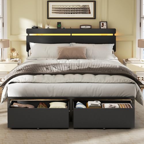Forestell Queen Bed Frame with Wood Headboard, Black Platform Bed with 2 Storage Drawers & Shelf, Built-in Charging Station & LED Lights, Metal Support, No Box Spring Needed, Cama Queen Size Forestell