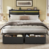 Forestell Queen Bed Frame with Wood Headboard, Black Platform Bed with 2 Storage Drawers & Shelf, Built-in Charging Station & LED Lights, Metal Support, No Box Spring Needed, Cama Queen Size Forestell