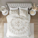 Madison Park Violette Chenille Cotton Tufted Comforter Large Medallion Design, All Season, Hypoallergenic, Soft Bedding Set, Matching Sham, Full/Queen, Ivory/Taupe 3 Piece Madison Park