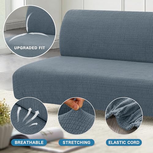 H.VERSAILTEX 100% Waterproof Stretch Futon Slipcover Armless Sofa Cover Furniture Protector Without Armrests Slipcover Soft with Elastic Bottom for Kids, Spandex Jacquard Small Checks, Stone Blue H.VERSAILTEX