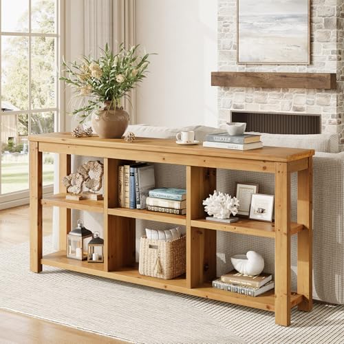 TRIBEWOOD 63-Inch Solid Wood Console Sofa Table, 3-Tier Narrow Farmhouse Entryway Table with 6 Storage Cubes for Living Room, Hallway, Brown TRIBEWOOD