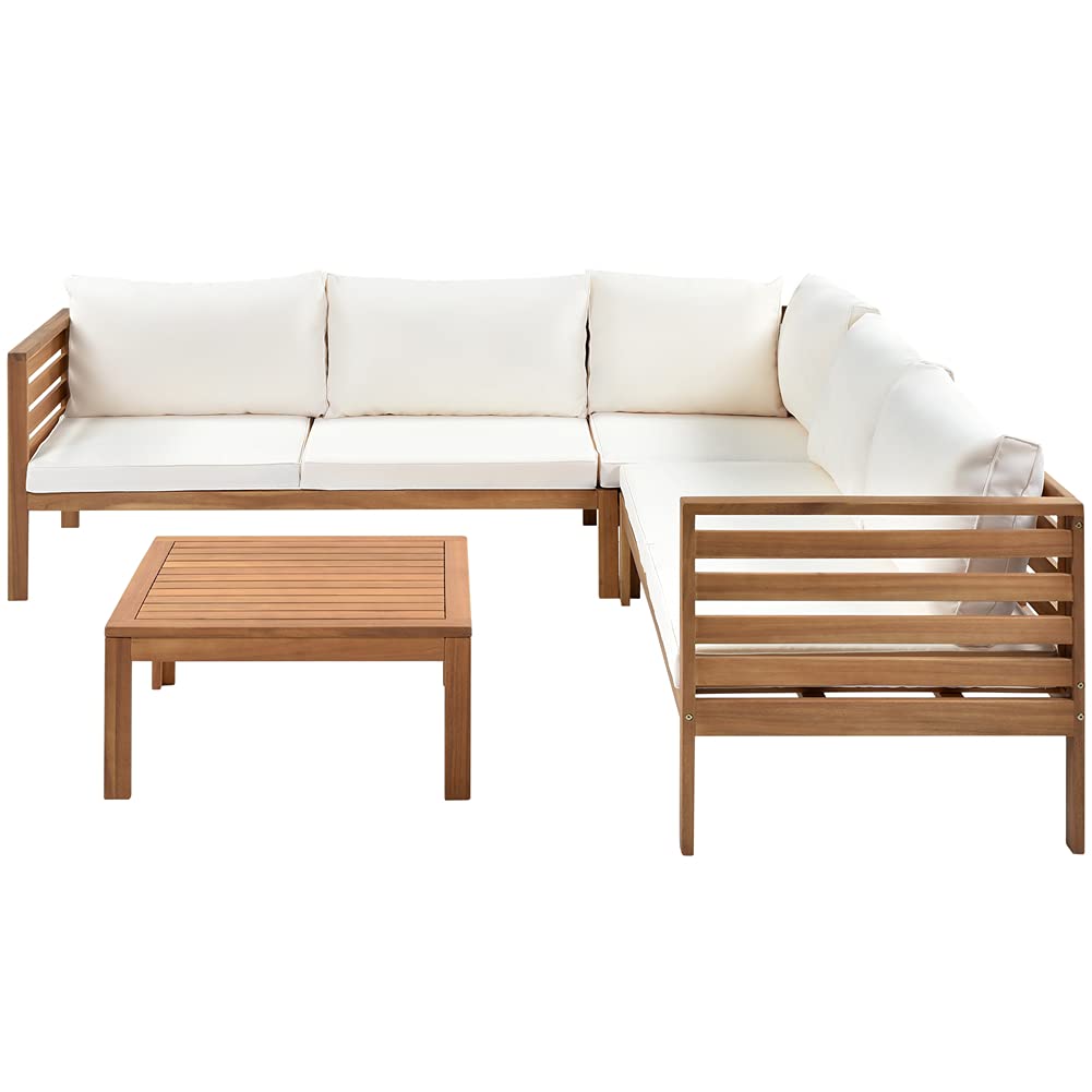 YSWH Exotic Design 4 Pieces Outdoor Patio Furniture Sectional Sofa Sets with Cushions, Eucalyptus Wood Frame with Slatted Tabletop Tea Table and Backrest, Natural Frame + Beige Cushions