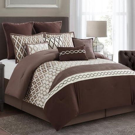LANCO MODERN LIFESTYLE King Size Comforter Set, Brown, 10 Piece Bed in a Bag for All Seasons, Luxury Extreme Comfort Bedding Sets with Bedskirt, Pillow Shams, Euro Shams and Decor Pillows LANCO MODERN LIFESTYLE
