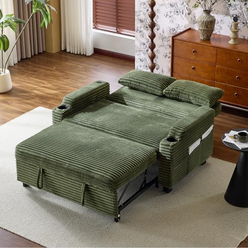 VINGLI Green Futon Sofa Bed Convertible Loveseat Sleeper Sofa Couch, Corduroy Pullout Sofa Fold Out Couch Bed with USB Ports, Cup Holders, Armrest for Living Room, Bedroom Apartment Room VINGLI