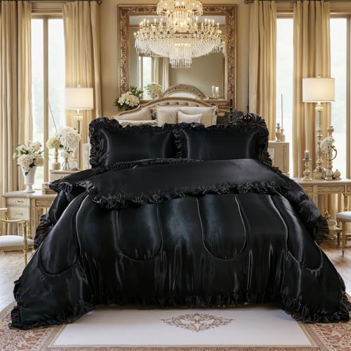 Satin Queen Comforter Set Silk Like Satin Bedding Set Hotel Soft Polyester Black Bed Set Luxury Silky Pillow Cover with Quilt Set Ruffle Down Comforter Home Decor Bedding_Dreamer