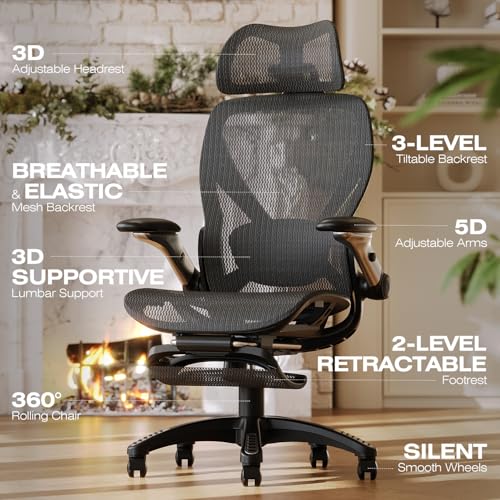 ELABEST X100 Ergonomic Mesh Office Chair with Footrest, Big and Tall Hone Desk Chair with 5D Flip-Up Arms, Adjustable 3D Lumbar Support,Gaming & Executive Computer Chairs ELABEST