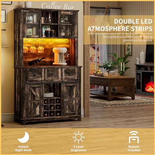 LUXOAK 72" Coffee Bar Wine Cabinet with Sliding Barn Door & LED Lights, Sideboard Buffet Cabinet with Wine Bottle Rack, 3 Drawers, Storage Cabinet for Kitchen, Dining Room, Dark Rustic Oak LUXOAK