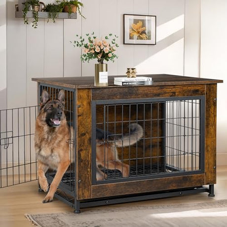 JY QAQA Dog Crate Furniture, Wooden Dog Crate Table, Dog's Furniture with Double-Doors, Indoor Dog Kennel, Dog Cage/Brown/XL JY QAQA PET