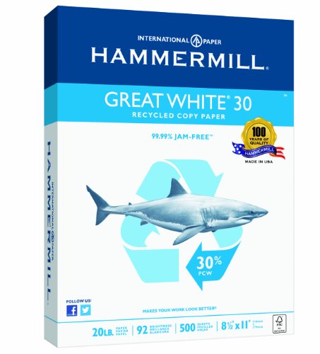 Hammermill Printer Paper, Great White 30% Recycled Paper, 8.5 x 11-1 Ream (500 Sheets) - 92 Bright, Made in the USA, 086710