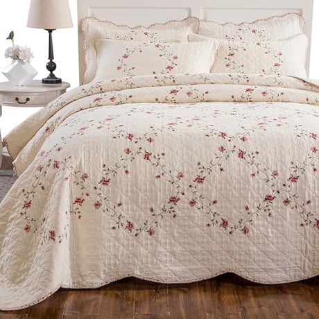Quilt Set Classical 3D Floral Embroidery Pattern 3-Piece Cotton Reversible Quilted Embroidered Decorative Bedspreads Coverlet Bedding Set, Lightweight &Soft,Beige,King Size ROOMLIFE