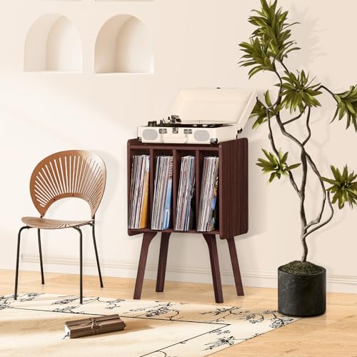 LELELINKY Small Record Player Stand - Width 11.7 in, Walnut Vinyl Record Storage Table with 4 Cabinet Up to 80 Albums, Vinyl Holder with Wood Legs,Turntable Stand Display Shelf for Bedroom Living Room LELELINKY