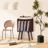 LELELINKY Small Record Player Stand - Width 11.7 in, Walnut Vinyl Record Storage Table with 4 Cabinet Up to 80 Albums, Vinyl Holder with Wood Legs,Turntable Stand Display Shelf for Bedroom Living Room LELELINKY