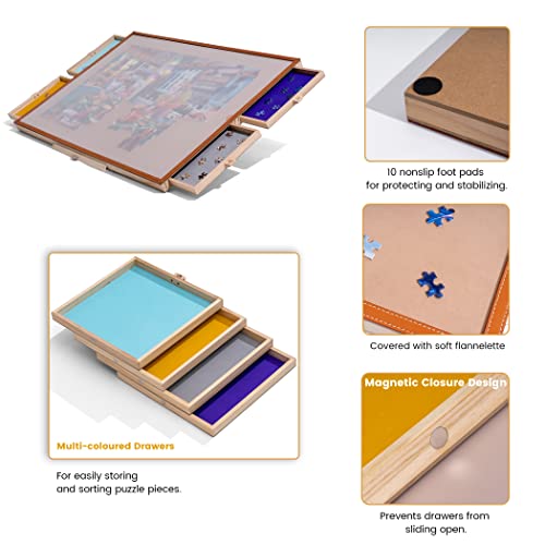 Tektalk Jigsaw Puzzle Table with Leather Bar, Wooden Plateau Portable Puzzle Board Saver with Embedded Adjustable Stand/Bracket and Removable Cover, 4 Sorting Drawers, for Up to 1500 Pieces Tektalk
