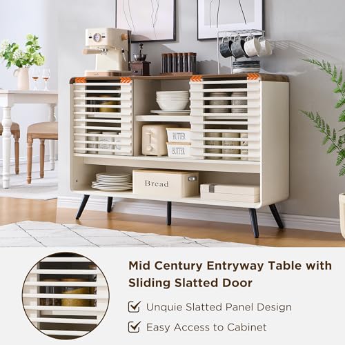 RedLemon 46" Entryway Table, Mid Century Modern Console Table with Slatted Sliding Door, Storage Shelf Wood Sofa Table Behind Couch for Hallway, Living Room, Foyer, Antique White RedLemon