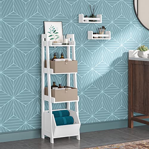 RiverRidge Amery 4-Tier 13 Inch Ladder Shelf Display Case Open Shelves & Storage Bin and 2 10” Floating Bookshelves - Organizer Furniture RiverRidge