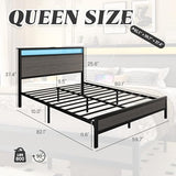 Fluest Queen Bed Frame with Headboard & Footboard, Bed Frame with Built-in Charging Station & LED Light, Storage Shelf, Noise-Free, No Box Spring Needed, Easy Assembly, Rustic Grey Fluest