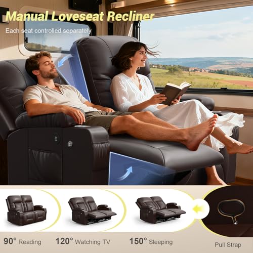 MOSGAT RV Loveseat Recliner Sofa, Reclining Loveseat Wall Hugger Recliners with USB Ports, Cup Holders, Insert Pockets, RV Recliners for Travel Trailers & Living Room, RV Furniture | RV Couch | Brown