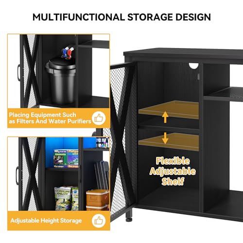 DWVO 40-50 Gallon Aquarium Stand with Power Outlets & LED Light, Cabinet for Fish Tank Accessories Storage - Metal Fish Tank Stand Suitable for Turtle Tank, Reptile Terrarium, 660LBS Capacity, Black DWVO
