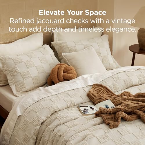 Bedsure Full Size Comforter Set Beige, Boho Tufted Bed Set, Checkered Farmhouse Shabby Chic Bedding, 3 Pieces, 1 Plaid Geometric Comforter and 2 Pillow Shams Bedsure