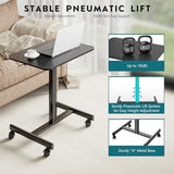 BONTEC Mobile Standing Desk Adjustable Height, Rolling Laptop Cart with Hook, Portable Workstation with Pneumatic Lift, Ergonomic Table with Wheels, Compact Home Office Desk, Black, 25.6" x 18.9" BONTEC