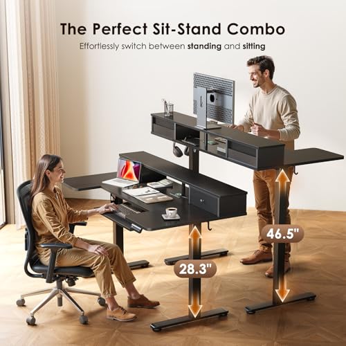OffiGo U Shaped Electric Standing Desk with Drawers, 55 Inch Height Adjustable Desk with Keyboard Tray ＆ Ergonomic Monitor Stand, Sit Stand Table with Power Outlets for Home, Office, Black OffiGo