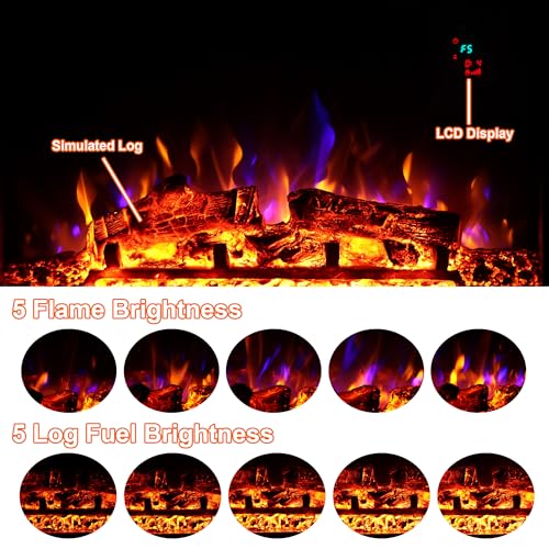 23" Electric Fireplaces Inserts, Recessed Fireplace Heater with Thermostat, 5 Flame&Fuel Bed Brightness,Timer VINEMOUNT