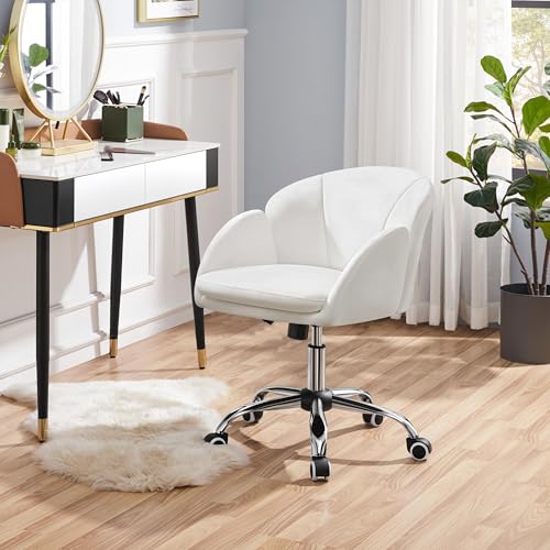 Yaheetech White Desk Chair Vanity Chair with Back Modern Faux Leather Swivel Rolling Office Computer Armchair for Living Room, Bedroom Yaheetech