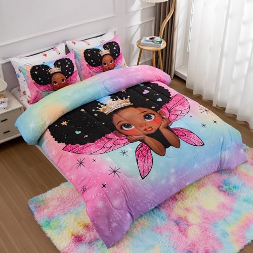 A Nice Night Black Girl Princess with Wings Comforter Set,Pink Gradient Glitter Rainbow Galaxy 6pcs Kids Bedding Set,Twin A Nice Night