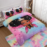 A Nice Night Black Girl Princess with Wings Comforter Set,Pink Gradient Glitter Rainbow Galaxy 6pcs Kids Bedding Set,Twin A Nice Night