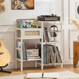 LELELINKY Record Player Stand, White Cream Oak Wood Record Holder with Vinyl Storage Holds up to 300+ Albums, 3-Tier Rattan Media Table with Vinyl Display Shelf, Record Storage Cabinet for Living Room LELELINKY