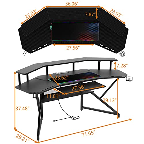 Auromie 72" Gaming Desk with Power Outlet & Led Strip, Large Wing-Shaped Computer Desk w Monitor Stand & Keyboard Tray & RGB Mouse Pad, Studio Desk w Storage Shelf Headphone Hook Cup Holder Auromie
