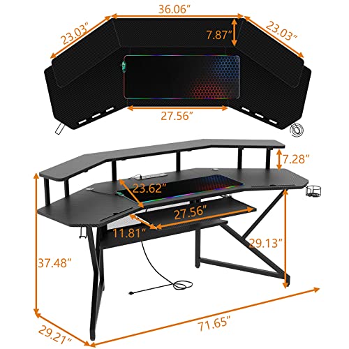 Auromie 72" Gaming Desk with Power Outlet & Led Strip, Large Wing-Shaped Computer Desk w Monitor Stand & Keyboard Tray & RGB Mouse Pad, Studio Desk w Storage Shelf Headphone Hook Cup Holder - WoodArtSupply