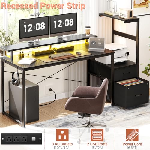 Aheaplus Gaming Desk with LED Strip & Power Outlet, 59Inch Reversible Computer Desk with Monitor Stand & Storage Shelves, Home Office Desks with Fabric File Drawer, PC Gamer Table, Carbon Fiber Black Aheaplus