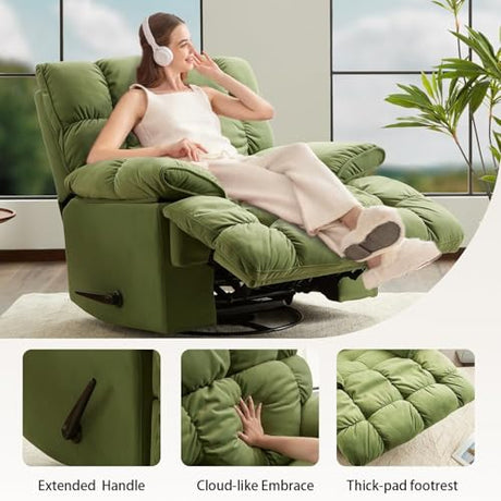 SITJOY Oversized Power Swivel Rocker Recliner Chair, Overstuffed Extra Wide Rocking Chair for Big and Tall, Glider Recliner Nursery Chair, Soft Breathable Fabric in Green, Manual SITJOY