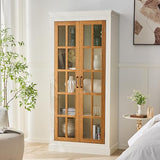 PAXIPEX 71" Rustic Farmhouse Display Cabinet, Display Case with Lattice Glass Doors, Curio Cabinet with Adjustable Shelves for Home Living Room Office, Brown,Cream White PAXIPEX