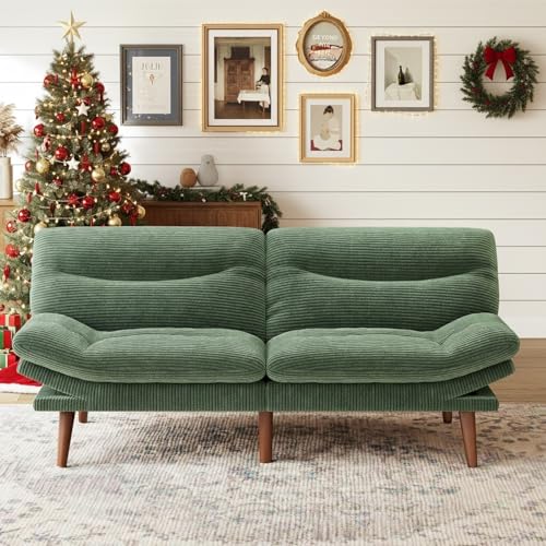 Marsail Futon Couch with Adjustable Backrest & Armrests, Corduroy Loveseat, Green Marsail