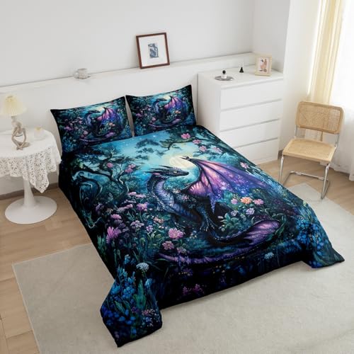Feelyou Dragon Comforter Set Twin Size Comforter for Boys Girls Teens Wild Life Bedding Set Jungle Dragon Duvet Set Room Decor Balck Blue Quilt Set Feelyou