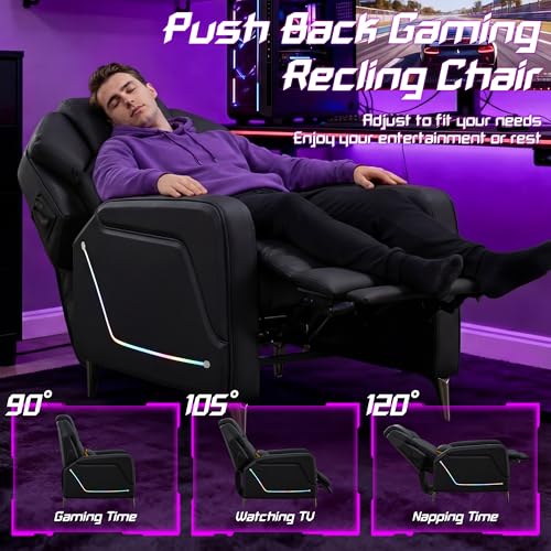 SnyFivv Gaming Recliner Chair with LED Lights, Racing Style PU Leather Gaming Recliner for Adults, Ergonomic Push-Back Recliner with Lumbar Pillow, Home Theater Seating with Side Pockets, Black