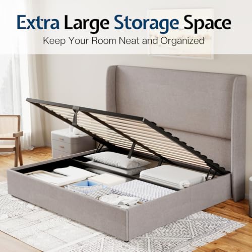 Jocisland Queen Size Lift Up Storage Bed Frame Linen Upholstered Platform Bed/Hydraulic Storage/Modern Wingback Headboard/No Box Spring Needed/Wood Slats Support/Light Grey Jocisland