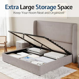 Jocisland Queen Size Lift Up Storage Bed Frame Linen Upholstered Platform Bed/Hydraulic Storage/Modern Wingback Headboard/No Box Spring Needed/Wood Slats Support/Light Grey Jocisland