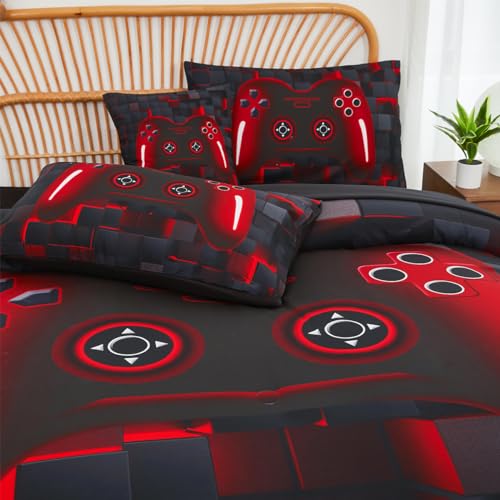 PERFEMET 6-Piece Boys Comforter Set Full Size Game Console Bedding Set for Kids Teen 3D Black and Red Gamepad Gaming Bed in a Bag Matching Sheet Set(Red, Full) PERFEMET